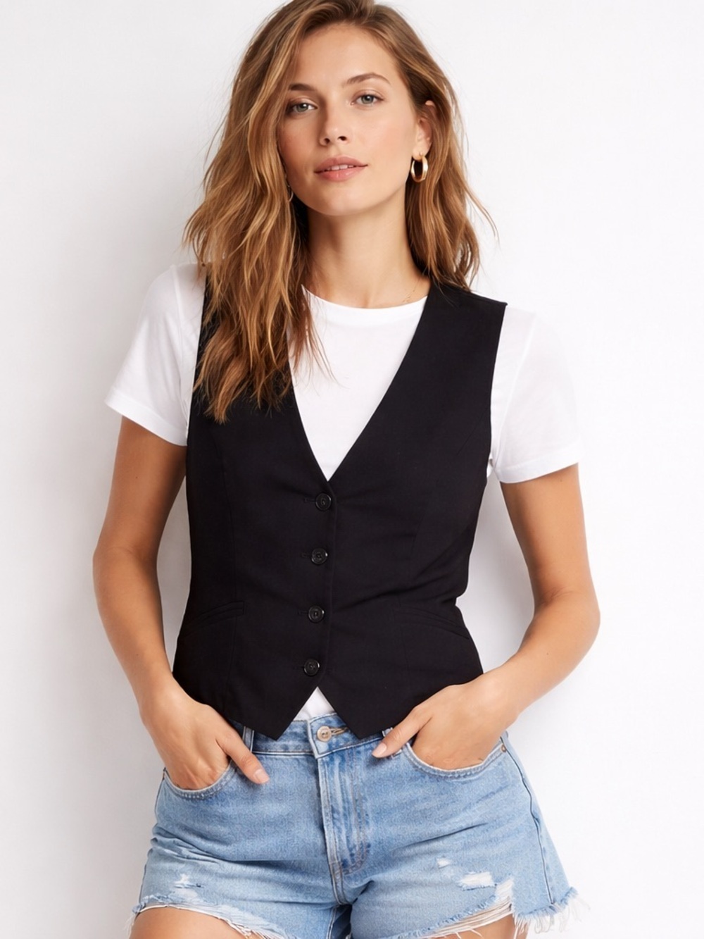 H&M Black Sleeveless Tailored Vest with Button Front Size Medium